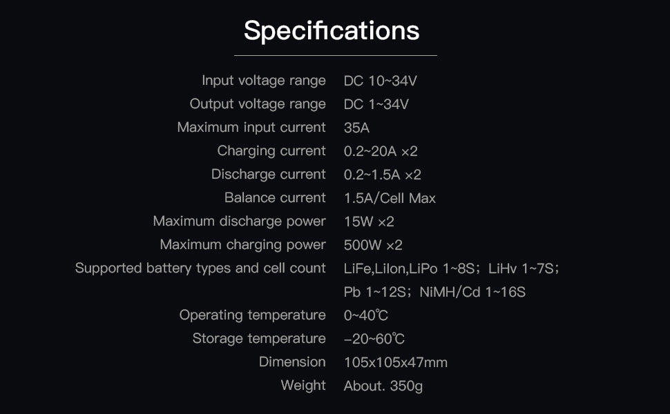 P20 Lipo Charger,DC 500WX2 20A Smart Charger for LiFe, LiIon, LiPo(1-8S)/LiHv(1-70S)/Pb(1-12S); NiMH/Cd(1-16S) Batteries